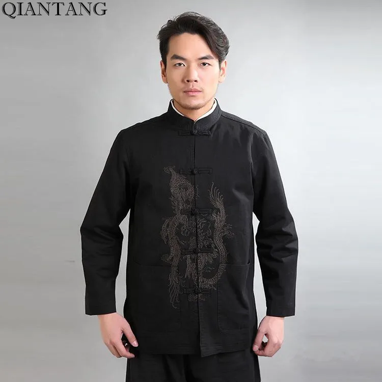 Black Traditional Chinese Style Jacket Handmade Men's Cotton Linen Kung