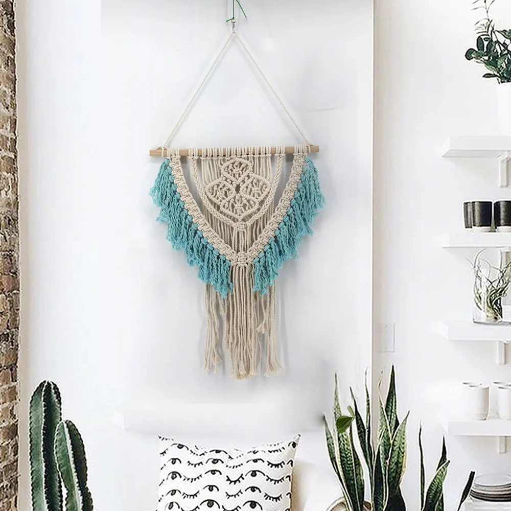 

Handmade Bohemian Wall Hanging Tapestry with Tassel, Hand Knotted Macrame Wall Art, Boho Home Studio, Wedding Decoration