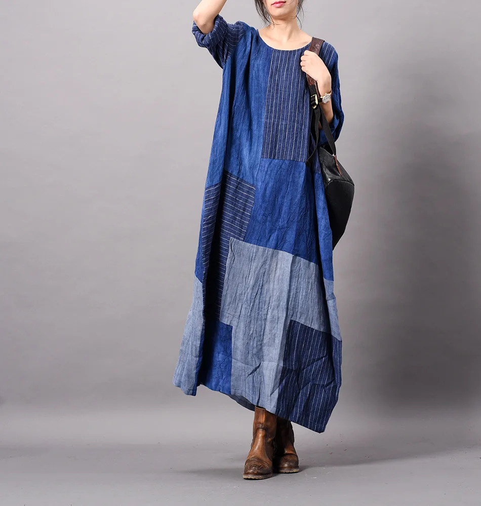 

Women Spring Cotton Linen Patchwork Striped Dress ladies Simple Plus Size Dress Female Loose Cotton Flax Spliced Dresses 2019