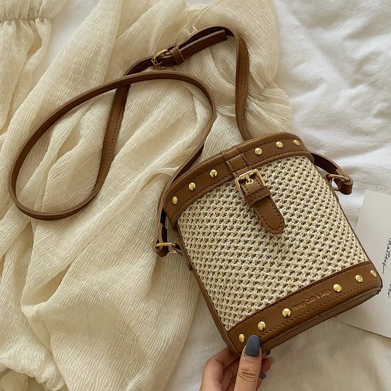 2019 Retro Cane Weave Bucket Bags Women Straw Handbags Casual Shoulder