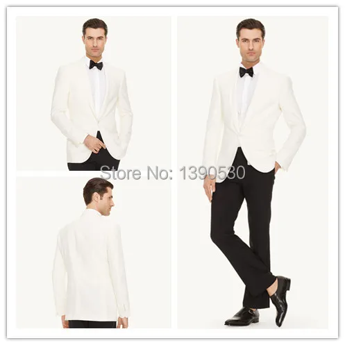 

HOT SELLING 100% wool Hand made white jacket+black pants 2 pieces one buttons shawl lapel groom best man suit