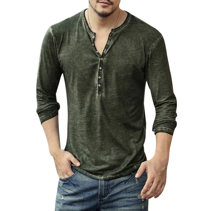 Oeak Men Casual Collar T shirt Small V-neck Tops Vintage Long Sleeve T-Shirt Men Fashion Streetwear Clearance Sale