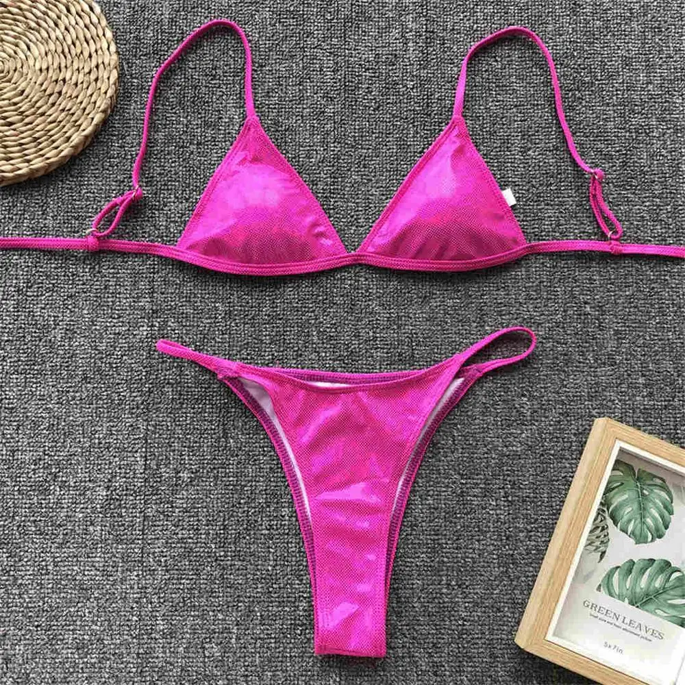 Специальное блестящее бикини женский купальник Женская одежда для плавания комплект бикини из двух предметов сексуальный Бразильский купальный костюм V1341 - Цвет: Hot Pink