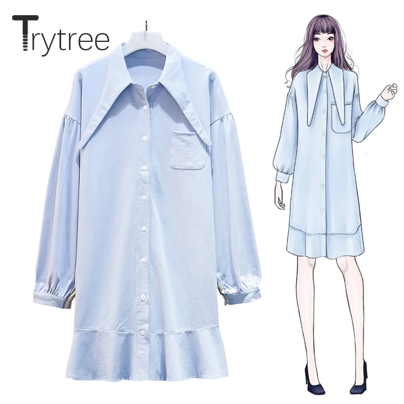 

Trytree Autumn Women Dress Shirt Dress Fashion Cotton Solid blue Dresses Ruffles Hem Women Straight Loose Casual Dress