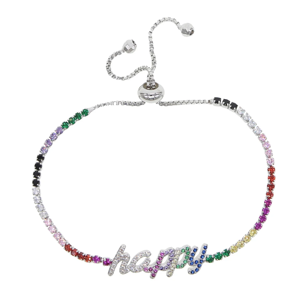 Adjustable Rainbow cz tennis chain Bracelet jewelry with happy peace happy letter charm