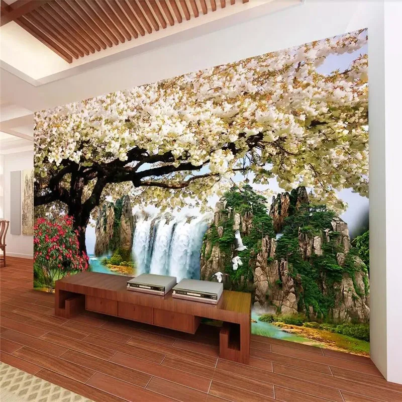 

HD waterfall water and wealth cherry blossom background wall professional production wallpaper mural custom poster photo wall