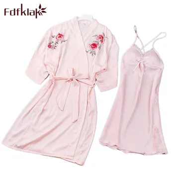 

Fdfklak Two Piece Spring Summer Women Night Gown Set Lingerie Femme Faux Silk Pink/Black Floral Sleeping Dress Set Q1149