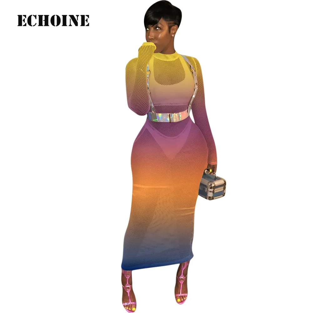 

2019 Women Sheer Mesh Fishnet Bodycon Dress Gradient Colorful Hollow Out Transparent Slim Sheath Club Outfits Party Dress