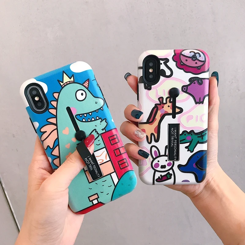 

Cute zoo dinosaur Phone Case For iPhoneX XR XS invisible Hide ring ring bracket Phone Case For iPhone7 8 6 back Cover