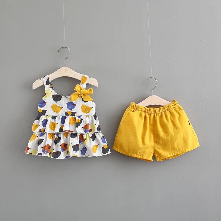 

2pcs girls summer clothing set kids strap colorful dresses and yellow set baby ruffle bow dress children clothes 1-5 years old
