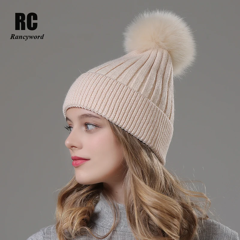 

[Rancyword] Knitted Cashmere Hat Beanies For Women Winter Hats Beanie Solid Real Fur Pom Pom Beanies Skullies Pompoms New RC2050