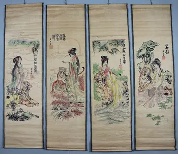 

Wholesale antique calligraphy and painting the living room hangs a picture four screen Tiger female