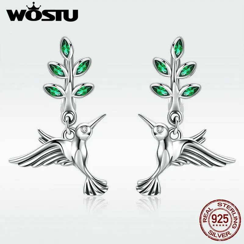 

WOSTU 100% Real 925 Sterling Silver Green Leaves & Birds Stud Earrings for Women Party Forest Style Lovely Jewelry Gift DXE464