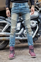 Free Shipping Biker Jeans Men Slim Elastic Skinny Straight Mens Jeans With Holes Ripped Patch Design