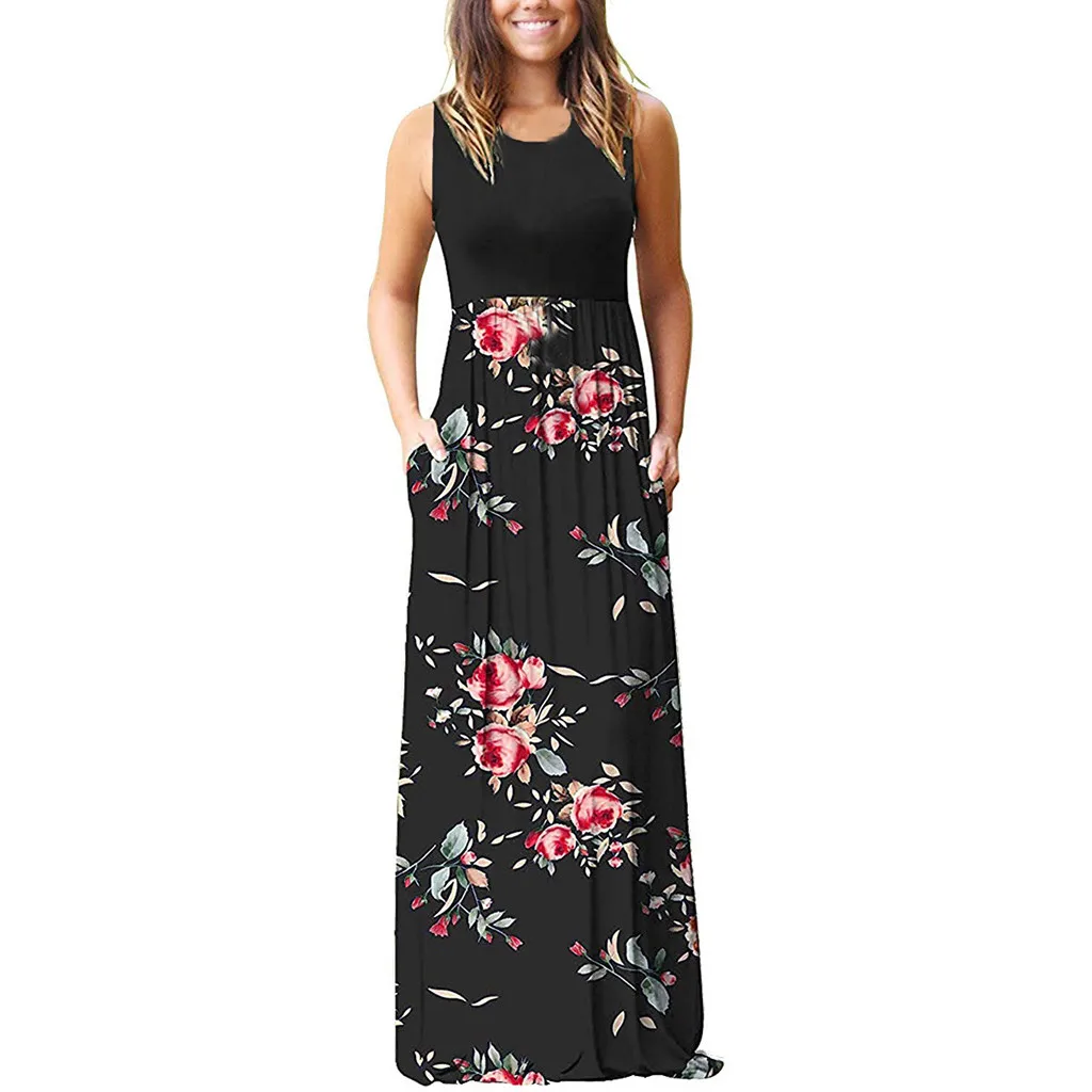 

Long Dress Women Summer Sleeveless Floral Print Pockets Loose Maxi Dresses 2020 Female Elegant Swing Party Dress Vestidos35#