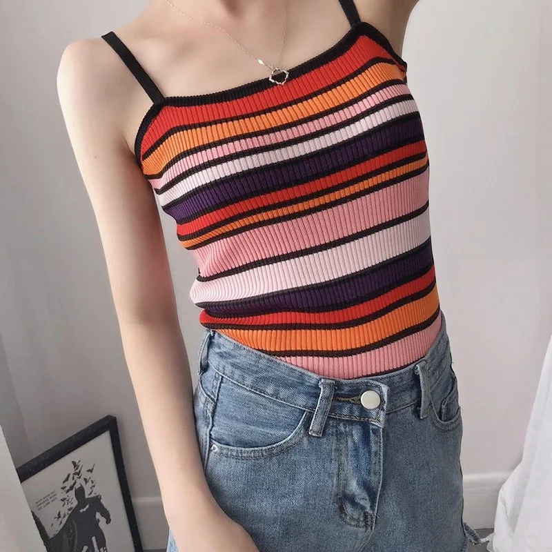 

2019 Women Fashion Color Block Stripe Knitted Cami Tops Summer Sexy Camis Casual Spaghetti Strap Ribbed Camisole Tops Female