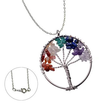 Natural Stone Necklace Pendant Tree Of Life Wire Wrapped Chip Semi Precious Stone Necklace Pendant Women Rainbow 7 Chakra Amethy