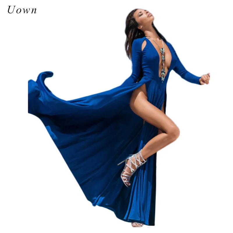 Sexy High Slit Long Sleeve Maxi Dress Deep V Neck Club Party Boho Long Dress Blue Black Split Floor Length Dress Vestido Robes womens-long-maxi-dresses : image Sexy High Slit Long Sleeve Maxi Dress Deep V Neck Club Party Boho Long Dress Blue Black Split Floor Length Dress Vestido Robes womens-long-maxi-dresses