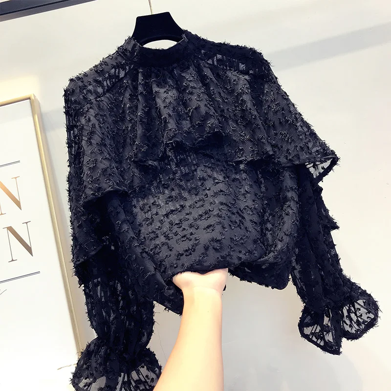 Fall New Women Blending Ruffle Loose Pullover Shirts Ladies Fur Polka Dot Puff Sleeves Blouse Suits Female Stand Collar Tops