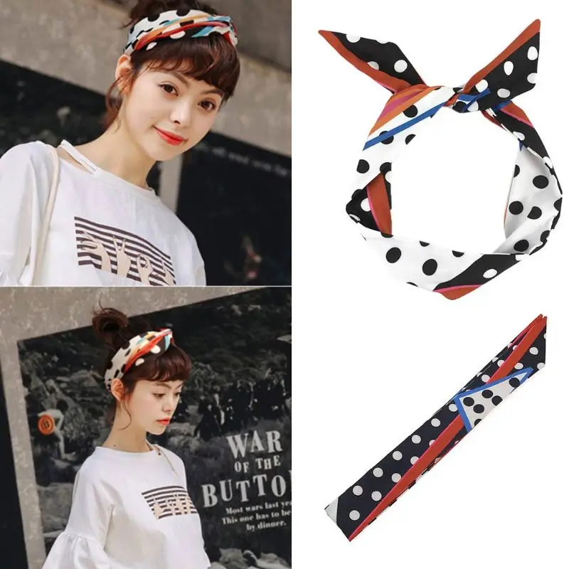

19 Styles Women Korean Iron Wired Twist Hairband Rabbit Ears Bowknot Headband Vintage Polka Dot Contrast Colored Turban Headwrap