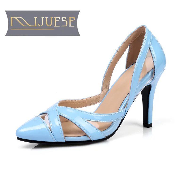 

MLJUESE 2018 women pumps summer pointed toe buckle strap cut-outs thin heel high heels pumps women size 34-42