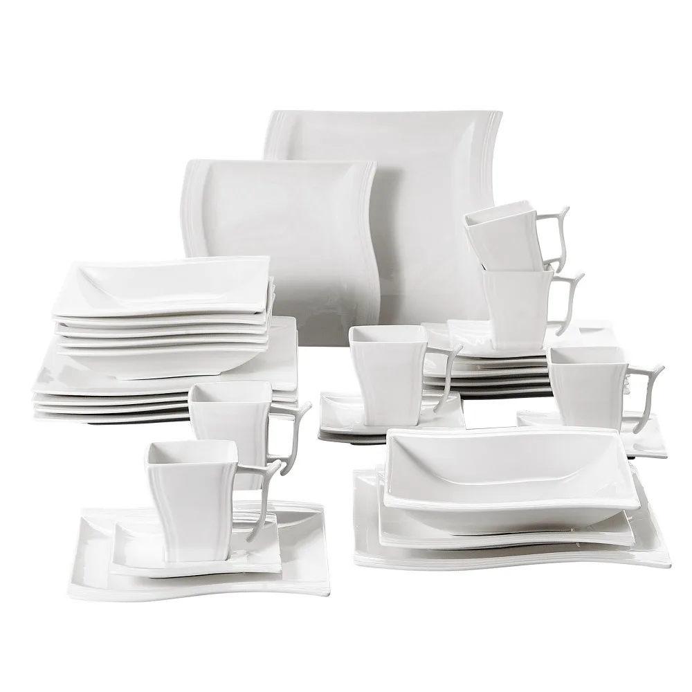 

MALACASA Serie Flora 30 Piece White Porcelain Dinner Set with 6 Piece Cups, Saucers, Dessert Soup Dinner Plates Service 6 Person