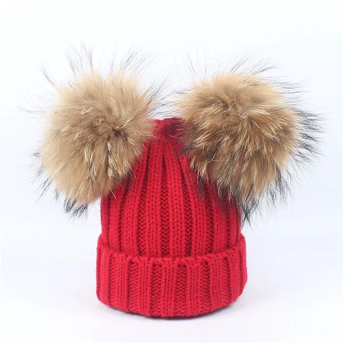 Зимняя вязаная шапка для мальчиков и девочек, шапка Skullies из натурального меха с помпоном, комплект для детей, толстая вязаная Шапочка, комплект теплой детской шапки и шарфа - Цвет: red hat
