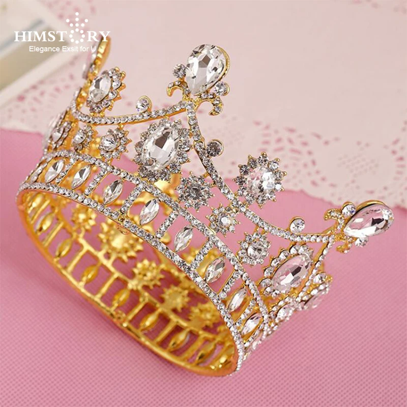 

Himstory Baroque Vintage Gold Rhinestone Round Crown Bride Crystal King Queen Tiara Wedding Royal Diadem Bridal Hair Accessories