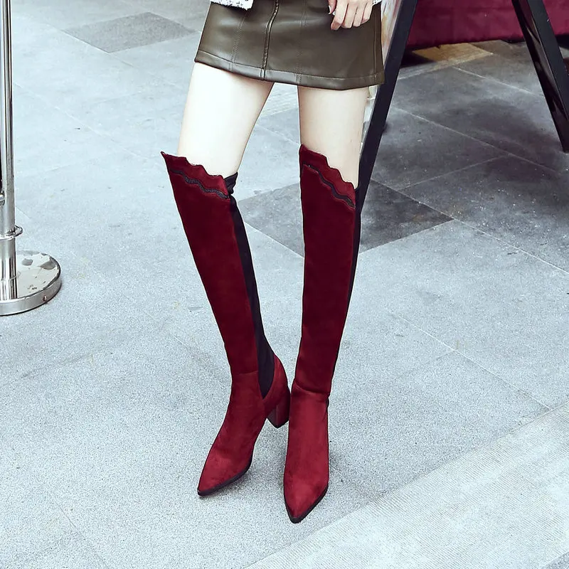 

Women Over the Knee Slip Om Mixed Colors Pointed Toe Boots Fashion Bling Comfortable Square Heel Winter Shoes Black Red