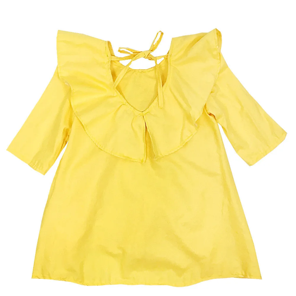 

Girls Summer Korean Pure Cotton Top Dress Children's School Dresses Yellow Back V-dew Butterfly Knotted Children's Dresses