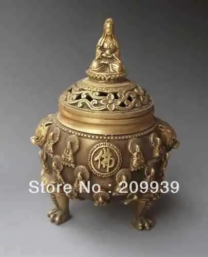 

00845 Chinese Bronze carved Guanyin Buddha Incense \ Censer