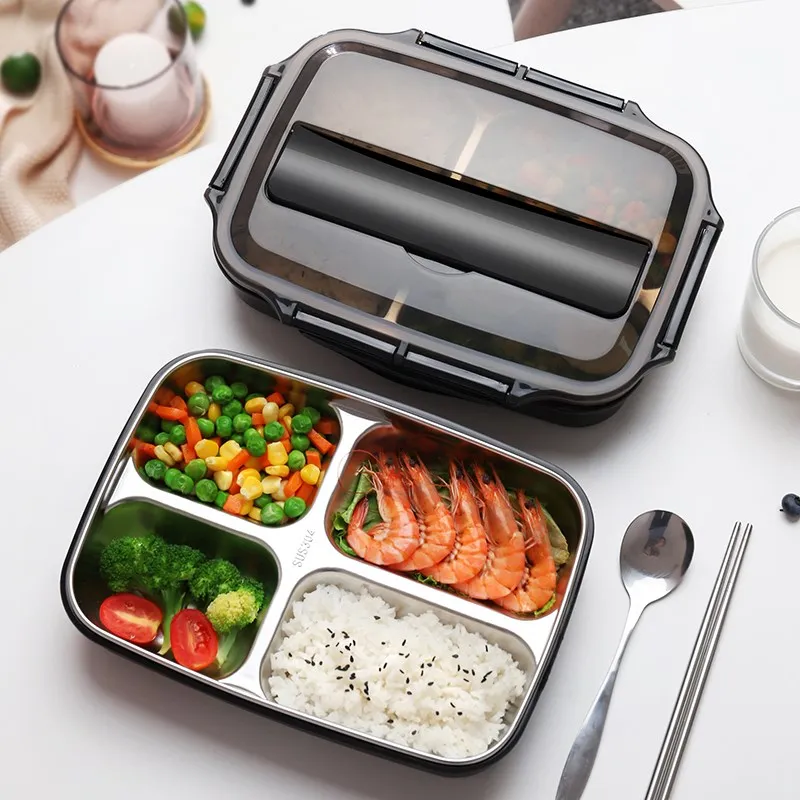 

304 stainless steel bento box lunch boxes dinner plates primary school students with covers thermal insulation compartments