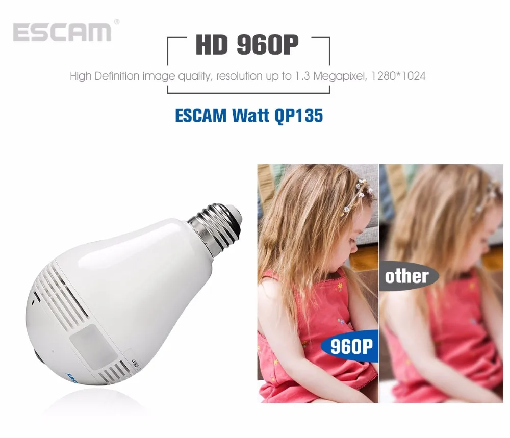 NEW ESCAM Watt QP135 Bulb Type Panoramic WIFI IP Camera H.264 1.3MP Two Way Audio Motion Detection Support 128G TF Card (13)
