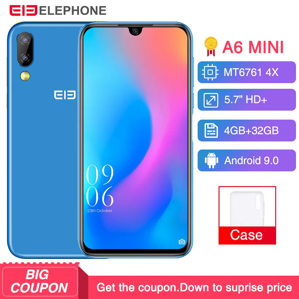 

Elephone A6 Mini Android 9.0 MT6761 Quad Core Smartphone 5.71 Inch waterdrop Screen HD+ 4GB 32GB/64GB 16MP 3180mah Mobile Phone