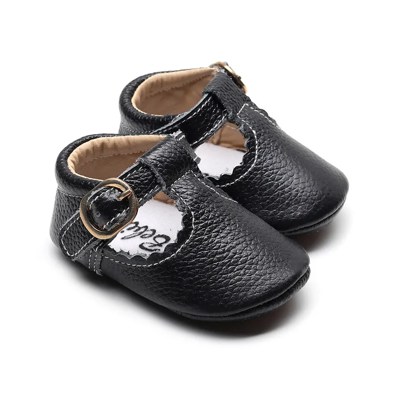 Натуральная кожаная мягкая подошва обувь для девочек Т-бар Мэри Джейн чистый Младенец Малыш принцесса балетные туфли новорожденных обувь для кроватки - Цвет: black
