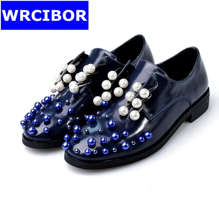 Luxury Pearl Oxford Shoes font b Woman b font flats Blue white black 2017 Fashion crystal