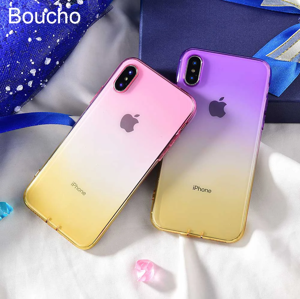 Boucho Cases For iPhone XS MAX XR X Xs Transparent Gradient Phone Case 8 plus 7plus 7 6 6s Plus Soft Silicone Cover |