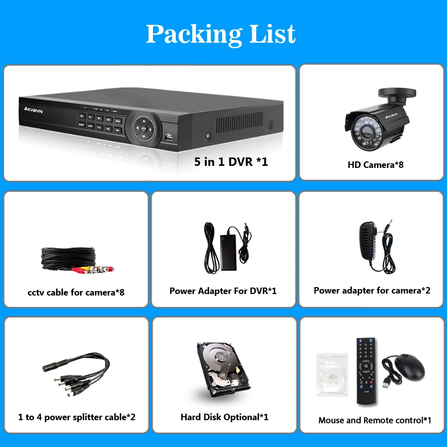  8 canales 1080N HD-TVI DVR Kit de cámara de vigilancia 8x 2000TVL 720 P cámara interior exterior IR