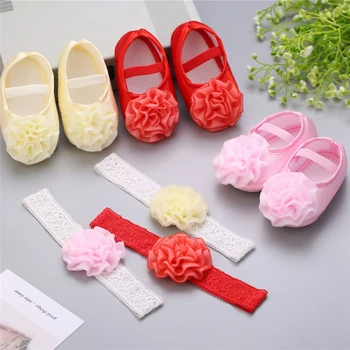 

2019 Baptism Baby Girl Sapato bebe Menina Rosset shoes 2pcs Set Rhinestone Flowers Headband Barefoot Infant baby girl shoes set