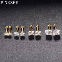 PINKSEE серьги-гвоздики из нержавеющей стали, ювелирные изделия с кристаллами, квадратные серьги-гвоздики из циркония, модные серьги, Надеваемые На ушной хрящ для женщин и мужчин