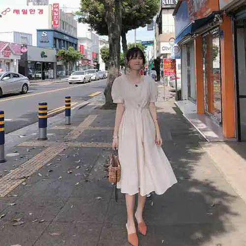Mishow Летнее элегантное однотонное длинное винтажное платье в корейском стиле с квадратным вырезом и рукавами фанариками Повседневный стиль Новая коллекция материал полиэстер спандекс MX19B1379 - Цвет: Apricot