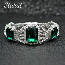 Модный с кристаллами, со стразами серебряный цвет ювелирные изделия для женщин Свадебные большие квадратные зеленые цепочки камней и звенья браслеты