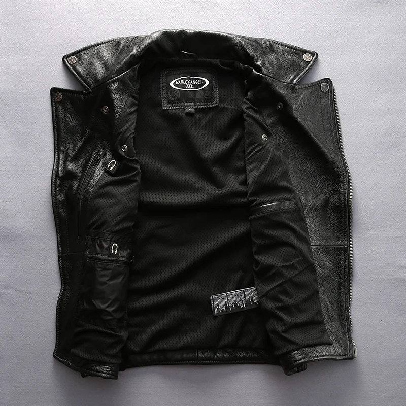 Popular For cool Harley rider Mens cow leather vest turn-down collar zipper slim short genuine cowhide leather motorcycle rider vest