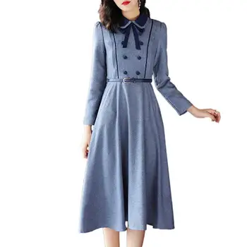 

Women Autumn Winter Turn-Down Collar Midi Dress Female Contrast Color Slim Dress Office Lady Elegante A-Line Dress Vestidos V472