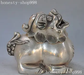 

6"Chinese Silver Guardian foo dog lion pixiu beast statue incense burner Censer