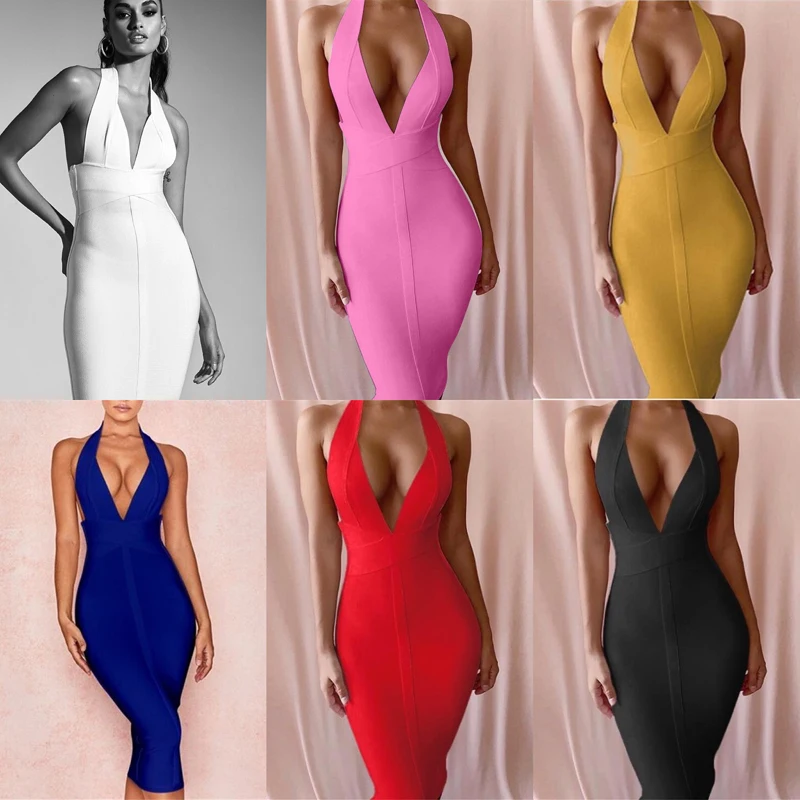 

High Quality Blue Red Beige White Black Pink Yellow Celebrity Sleeveless Bodycon Bandage Dress Night Club Party Dress Wholesale
