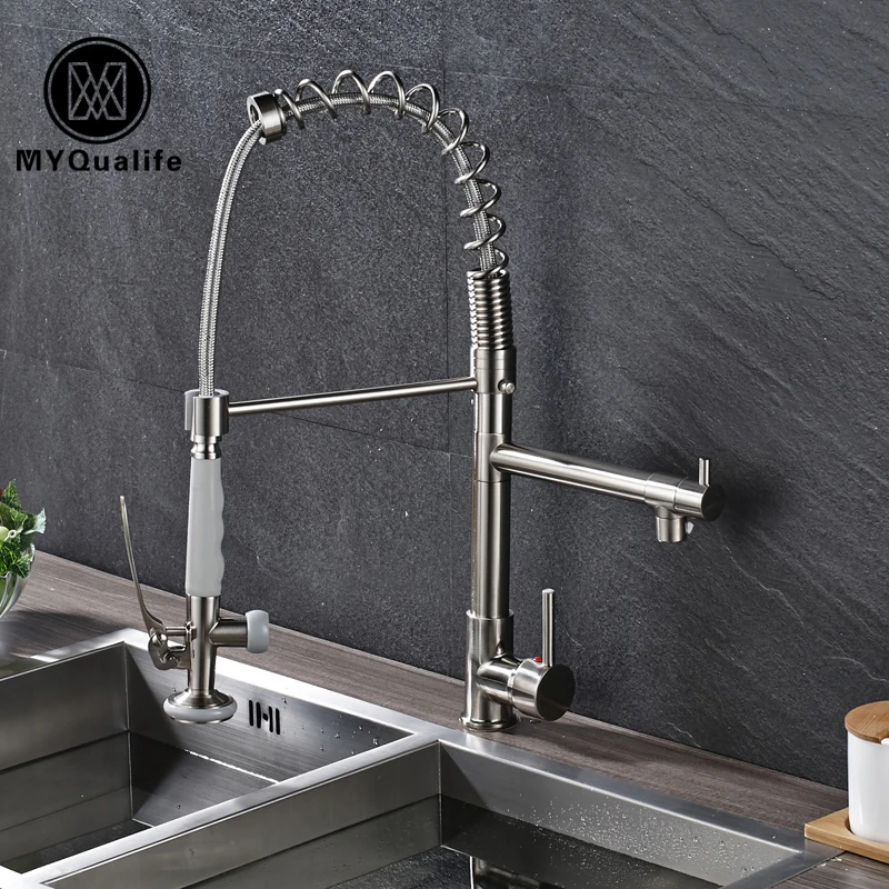 

2017 Two Water Spout Brushed Nickel Kichen Sink Tap Dual Handle Single Hole 360 Degree Rotation Mixer Faucet