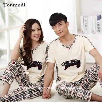 

Couple Pajamas Women Lovers Sleepwear Cotton Short Sleeve Trousers Pyjamas Pullover Men Pajama Sets Women