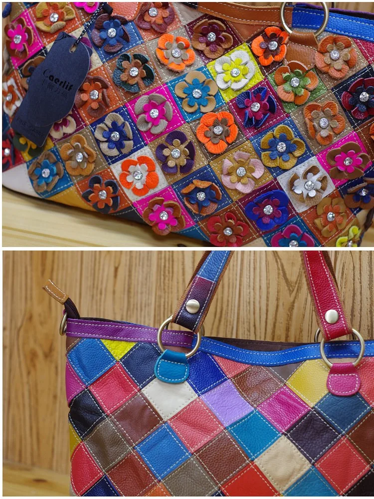 Модные Лоскутные Цветочные ручные сумки, корейские женские сумки из коровьей кожи, брендовые сумки на плечо