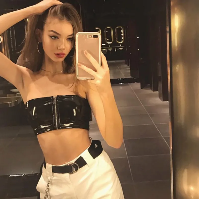 Summer Sexy Strapless Tube Tops Sexy Black PU leather Zipper Tank Top 2019 Fashion Solid Party Club Wear Women Crop Top